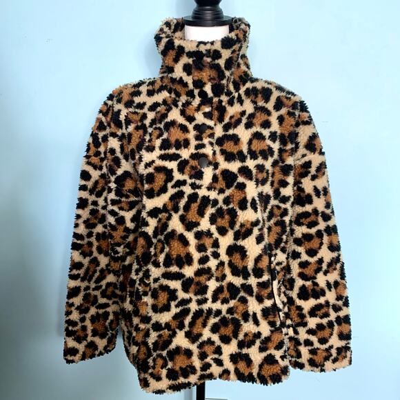 J. Crew Snap-Collar Sherpa Sweatshirt in Leopard Size Medium - Picture 8 of 10